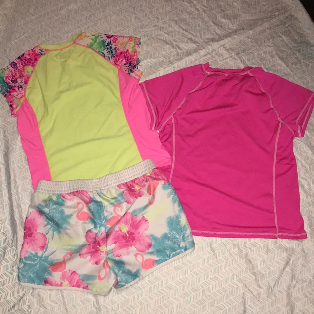 OP 3-piece matching set 2 swim shirts and board shorts (pink/yellow/floral) - Picture 2 of 2